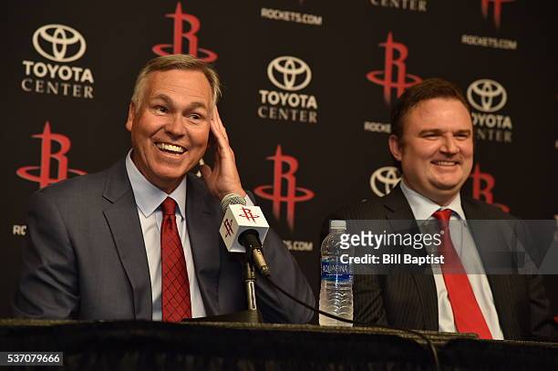 Houston Rockets GM Daryl Morey and Mike D'Antoni are interviewed as the Rockets announce D'Antoni as their new head coach on June 1, 2016 at Toyota...