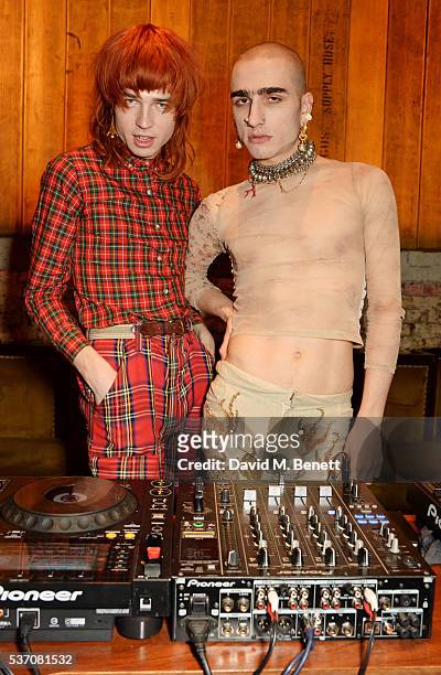 Josh Quinton and Andy Bradin of Disco Smack DJ at the launch of the Kate Moss For Equipment x NET-A-PORTER collection at The Chiltern Firehouse on...