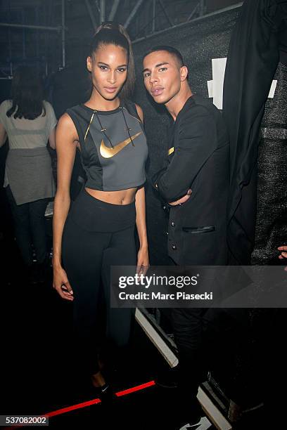 Model Cindy Bruna and designer Olivier Rousteing attend NikeLab X Olivier Rousteing Football Nouveau Collection Launch Party at Cite Universitaire on...