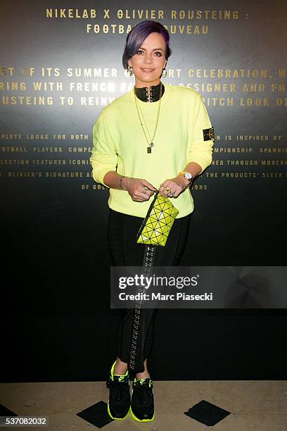 Singer Lily Allen attends NikeLab X Olivier Rousteing Football Nouveau Collection Launch Party at Cite Universitaire on June 1, 2016 in Paris, France.