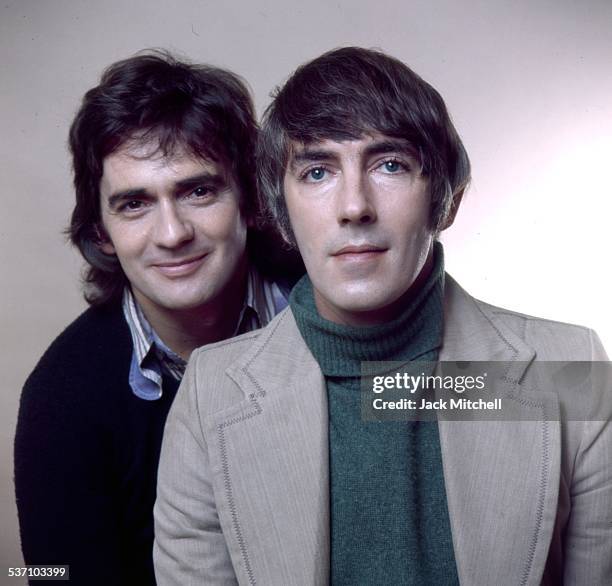 Comedy duo Peter Cook and Dudley Moore photographed in 1973 when they were starring in their revue "Good Evening" on Broadway.