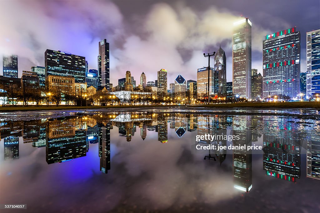 Chicago Skyline in a Puddle, Illinois, America