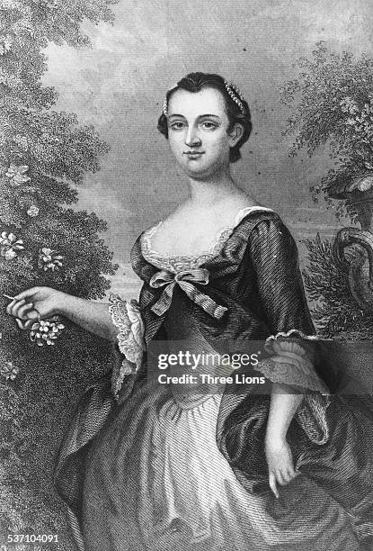 Engraved portrait of Martha Washington, former First Lady of the United States, circa 1770.