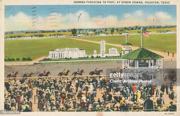 Color postcard of horses parading to post, at Epsom Downs, Houston, Texas, 1935.