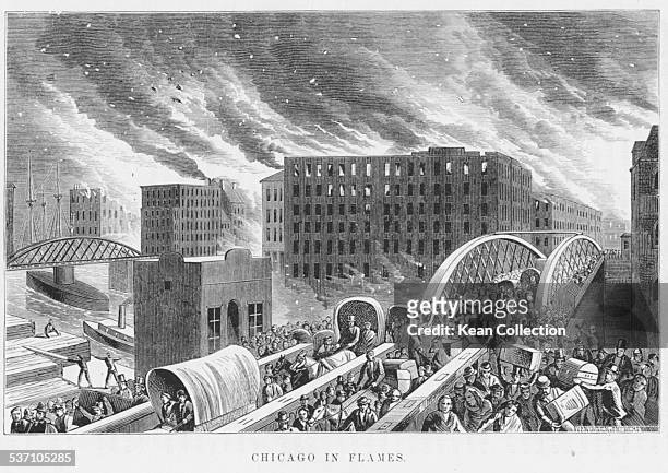 Engraved scene of the Great Chicago Fire, with people fleeing the city as the flames spread, Illinois, October 1871.