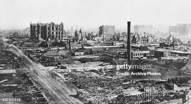 View of downtown Chicago, including the damages Court House, in the aftermath of the Great Chicago Fire, Illinois, October 1871.