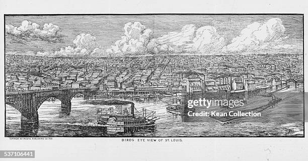 Engraved birds eye view of the city of St Louis, from across the Mississippi River, circa 1892.