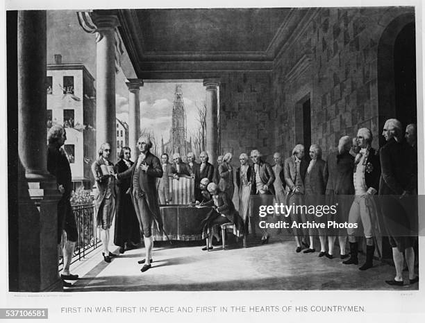 Engraved scene depicting the inauguration of George Washington as the first US President, surrounded by witnesses at Federal Hall, New York City,...