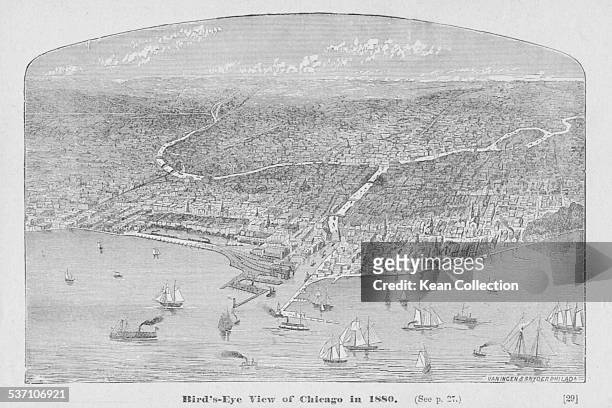 Engraved birds eye view of the city of Chicago, Illinois, 1880.