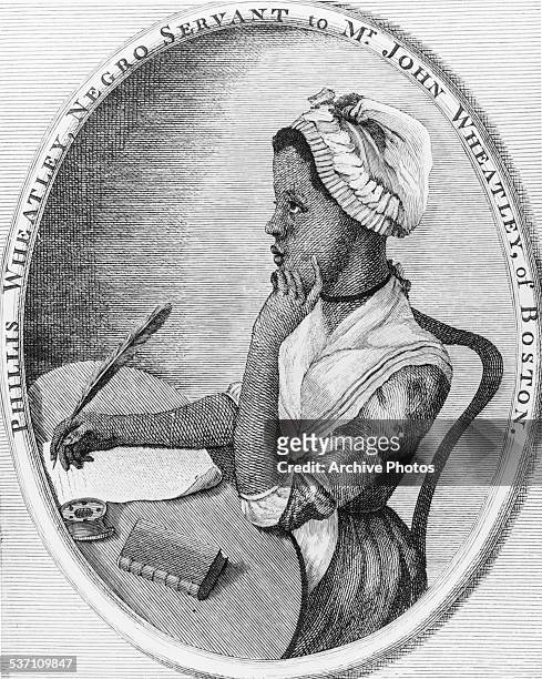 Engraved portrait of Phillis Wheatley at a writing desk, the first published African American woman poet, once a slave and servant to Mr John...