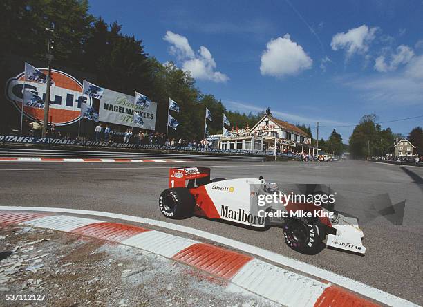 Alain Prost of France drives the Marlboro McLaren International McLaren TAG MP4-2C turbo during the Belgian Grand Prix on 25 May 1986 at the...