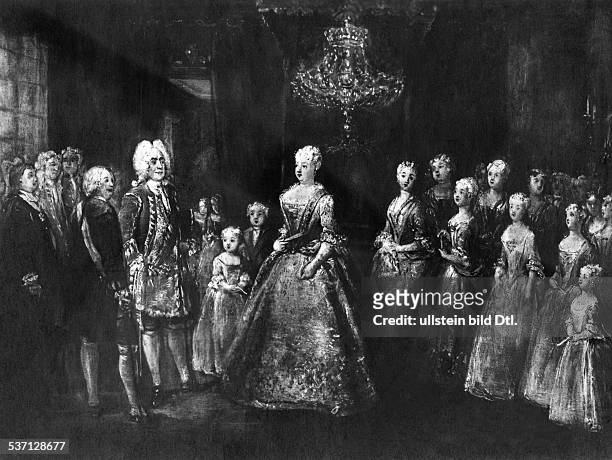 The wife of Frederick William I of Prussia , , The Queen Sophia Dorothea receives Augustus II the Strong in the Monbijou Palace in Berlin - Painting...