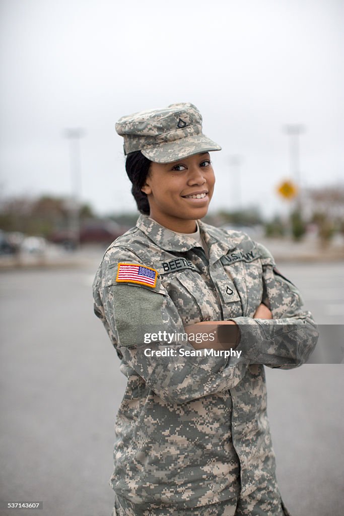 Portrait of Female Soldier in Parking Lot