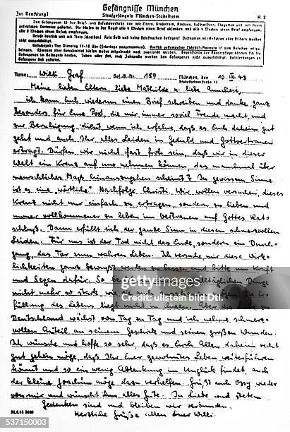 Wilhelm Graf, , Student, D,, Mitglied der Münchener Widerstandsgruppe, `Weisse Rose', Brief vom aus der Strafanstalt in München - Stadelheim an die...