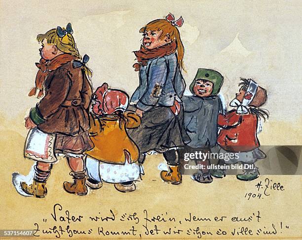 Heinrich Zille, painter, Germany - artwork: brothers and sisters come for the father from jailhouse; 'father will be happy, because we since that...