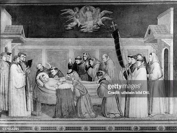 Franz von Assisi , Heiliger, 1181/82 - 1226, Kirchenheiliger, Ordensgründer, - Tod des heiligen Franziskus, - Fresco von Giotto di Bondone , in der...