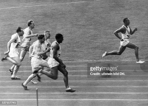 James Cleveland Owens, American athlete - 1936 Olympic Summer Games in Berlin: Owens reaches the finishing line first in the 100 meters sprint -...