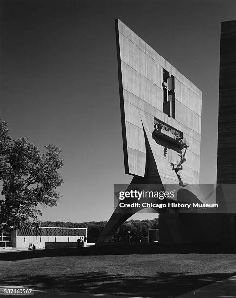 Church and tower at St John's University designed by Marcel Breuer & Associates, Collegeville, Minnesota, November 29, 1967.