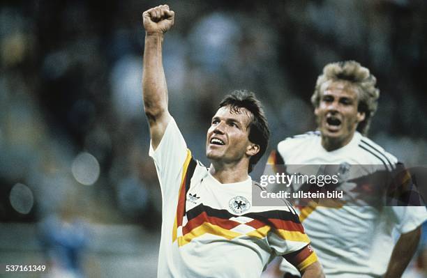 World Cup in Italy Lothar Matthaeus * Football player, Germany, member of the national team - Lothar Matthaeus celebrating after scoring a goal in...