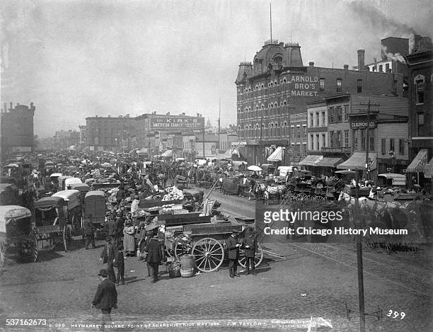 Exterior view of the Randolph Street Haymarket Square: Point of the Anarchists Riot in May 1886, taken in Chicago, Illinois.