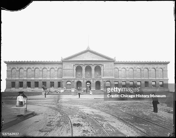 Exterior view of the Art Institute of Chicago, seen from Adams Street, Chicago, Illinois, circa 1892.