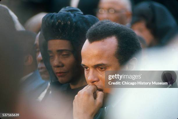 View of Corretta Scott King and Harry Belafonte at the funeral of Martin Luther King Jr, in Atlanta, Georgia, April 9, 1968.