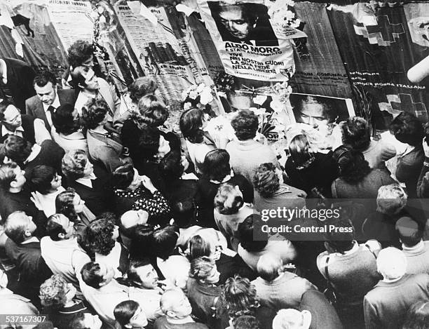 Crowds of people gather to mourn the death of Italian Christian Democratic politician Aldo Moro, on the anniversary of his murder by the Red Brigade,...
