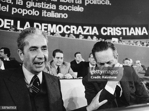 Italian Prime Minister Aldo Moro and Christian Democratic Secretary Benigno Zaccagnini, attending the party congress at Sport Palace, Rome, March...