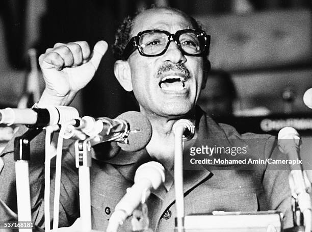 President Anwar Sadat of Egypt addressing the OUA Conference in Monrovia, Liberia, 1979.
