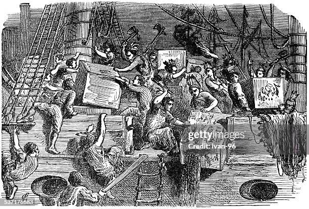 destruction of tea in boston harbor - boston harbor stock illustrations