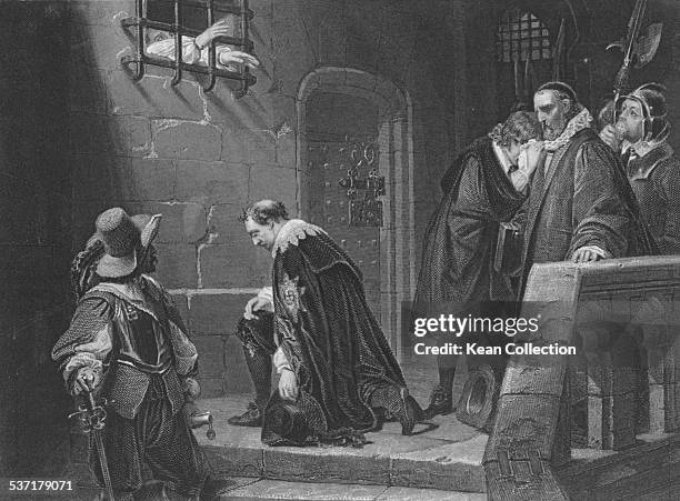 Engraved scene depicting Archbishop Laud blessing the imprisoned Thomas Wentworth, 1st Earl of Strafford, prior to his execution, London, May 12th...