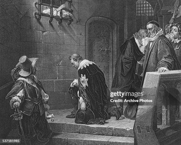 Engraved scene depicting Archbishop Laud blessing the imprisoned Thomas Wentworth, 1st Earl of Strafford, prior to his execution, London, May 12th...