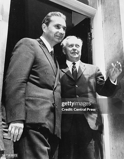 British Prime Minister Harold Wilson and Italian Prime Minister Aldo Moro, smiling outside 10 Downing Street, London, June 27th 1967.
