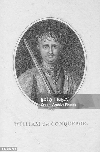 Engraved portrait of William the Conqueror of England, wearing a crown and holding a sword, circa 1070. Engraved by Heath.