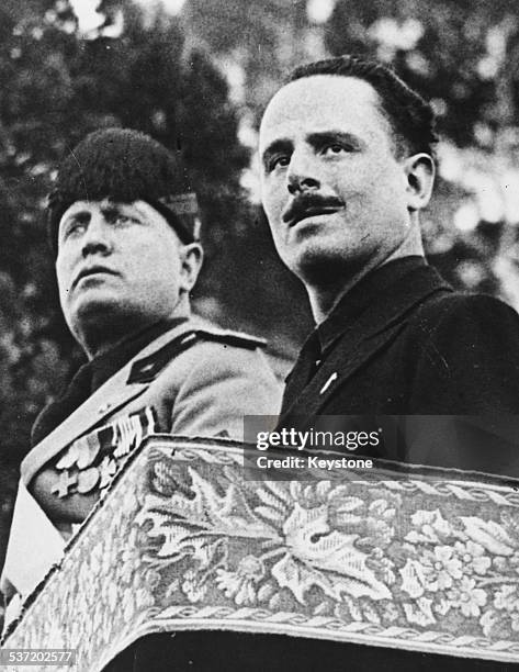 Italian Prime Minister Benito Mussolini and British politician Oswald Mosley, attending a Fascist review celebration in Rome, 1932.