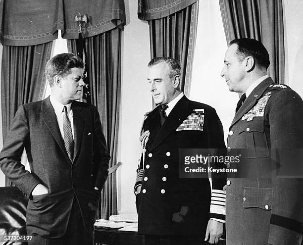 President Kennedy, Lord Louis Mountbatten and US Army Chief Lyman Lemnitzer, in the Oval Office of the White House, Washington DC, April 13th 1961.