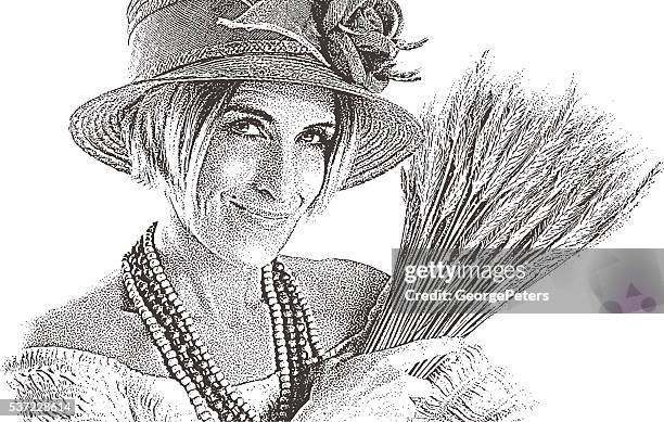 close up of a woman holding a bundle of dried wheat - foodie stock illustrations