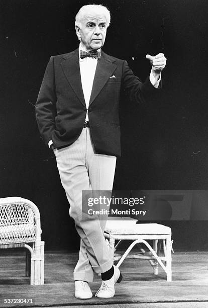 Portrait of actor Emlyn Williams on stage as 'Saki', at the Apollo Theatre, London, September 22nd 1977.