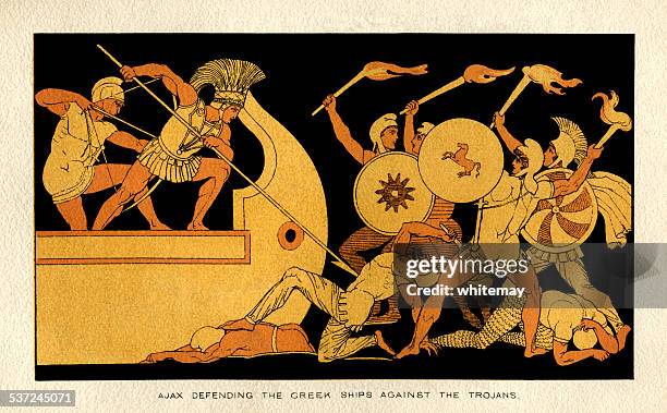 ilustraciones, imágenes clip art, dibujos animados e iconos de stock de ajax defensa de los barcos griegos contra el trojans - grecia antigua