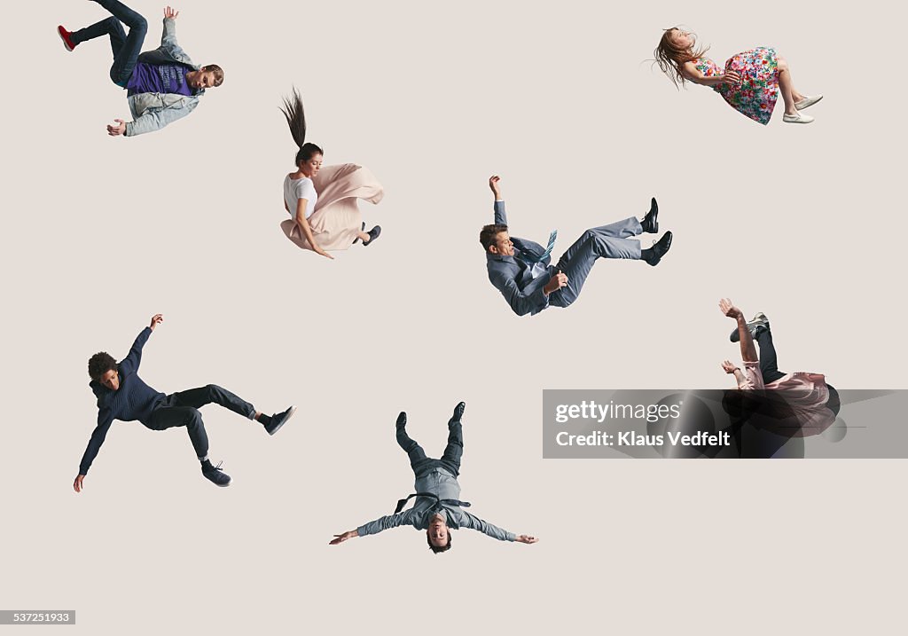 Group of people in the air, falling down