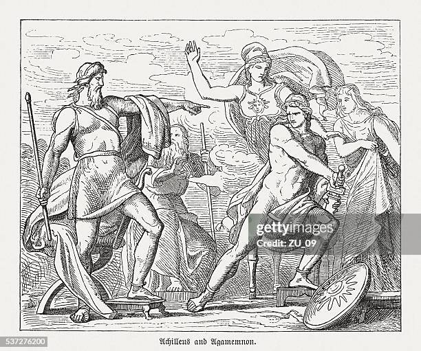 dispute between achilles and agamemnon, greek mythology, published in 1880 - trojan war 幅插畫檔、美工圖案、卡通及圖標