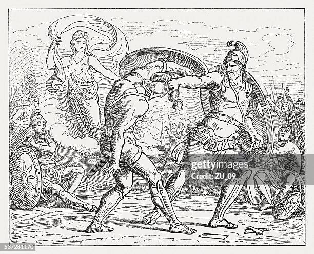 stockillustraties, clipart, cartoons en iconen met paris saved by aphrodite from the wrath of menelaus - aphrodite