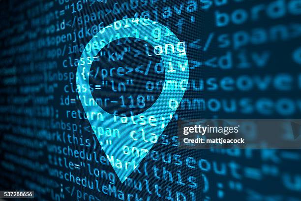 computer data code screen with location icon - gps navigation systems stock illustrations