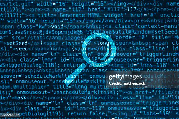 computer data code screen with magnifying glass icon - extreme close up computer stock illustrations