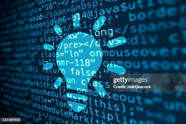 computer data code screen with lightbulb icon - binary code lightbulb stock illustrations