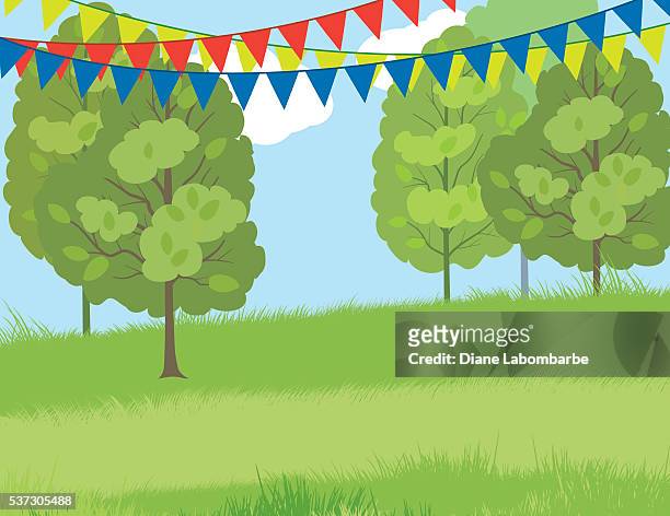 stockillustraties, clipart, cartoons en iconen met summer park with grassy hill and bunting flags - bunting