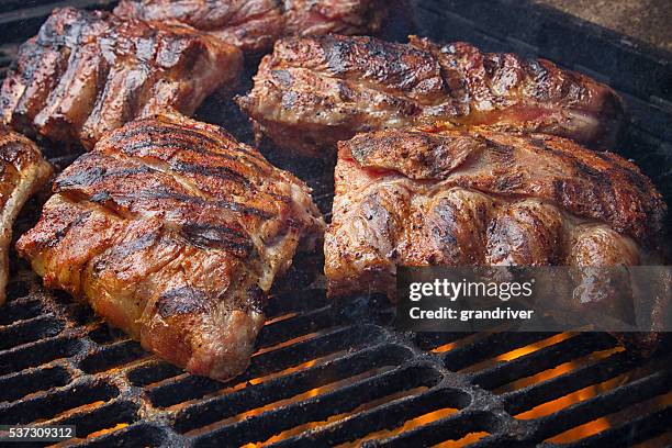 barbecued pork baby back ribs on fiery charcoal grill - smoked bbq ribs stock pictures, royalty-free photos & images