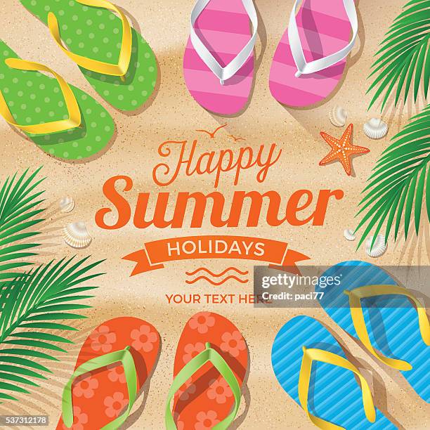 flip flops farbige auf sommer strand - weekend activities stock-grafiken, -clipart, -cartoons und -symbole
