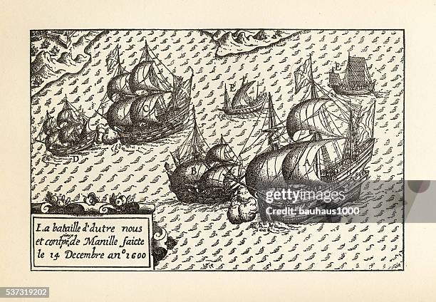 engraving of van noort landing in manila bay, philippines, 1600 - 17th century stock illustrations