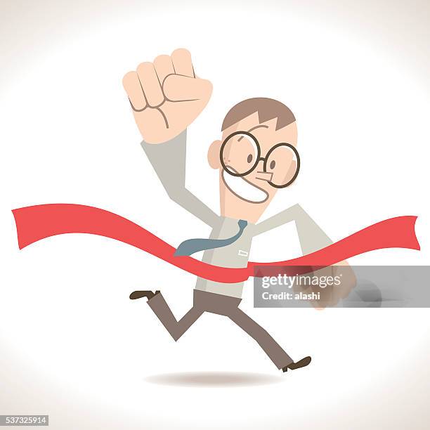 businessman running crossing the finish line, holding fist in air - standing on end stock illustrations